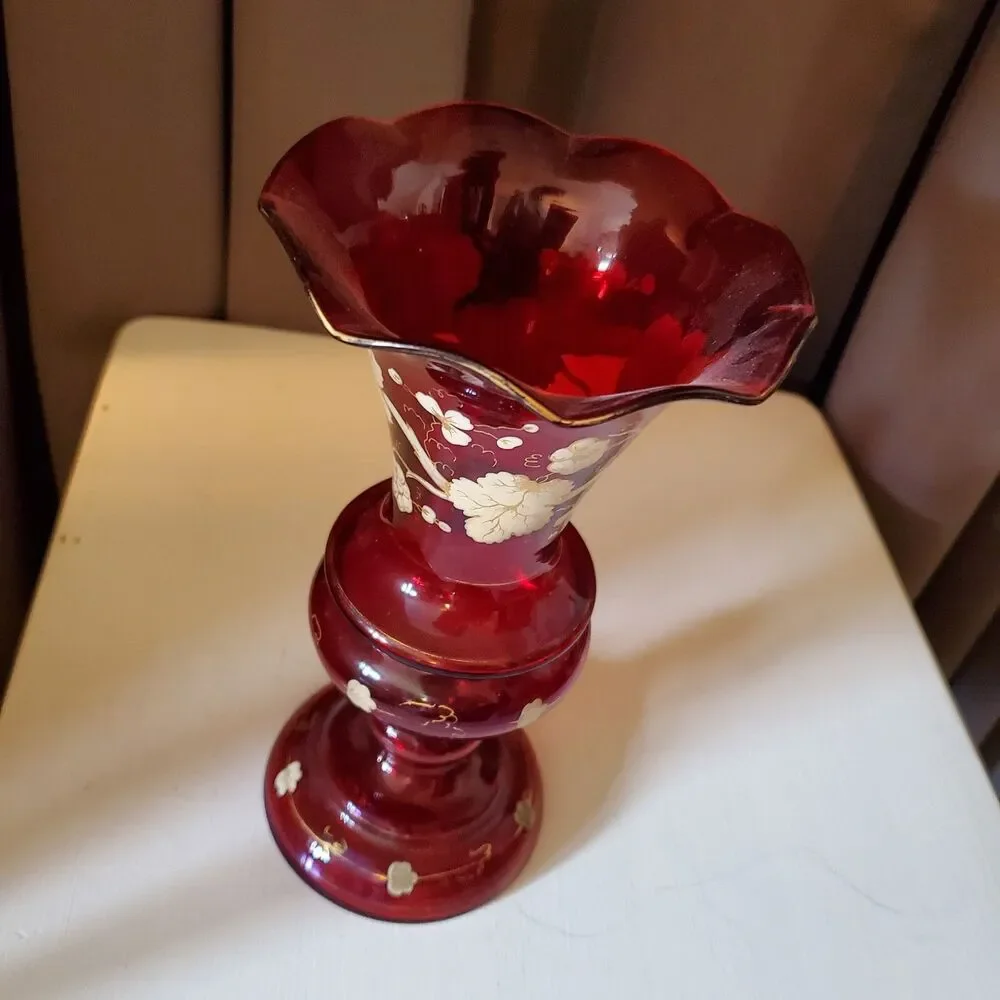 Antique 19th Cent Cranberry Red Handblown Glass Vase, Bohemian Grapevine